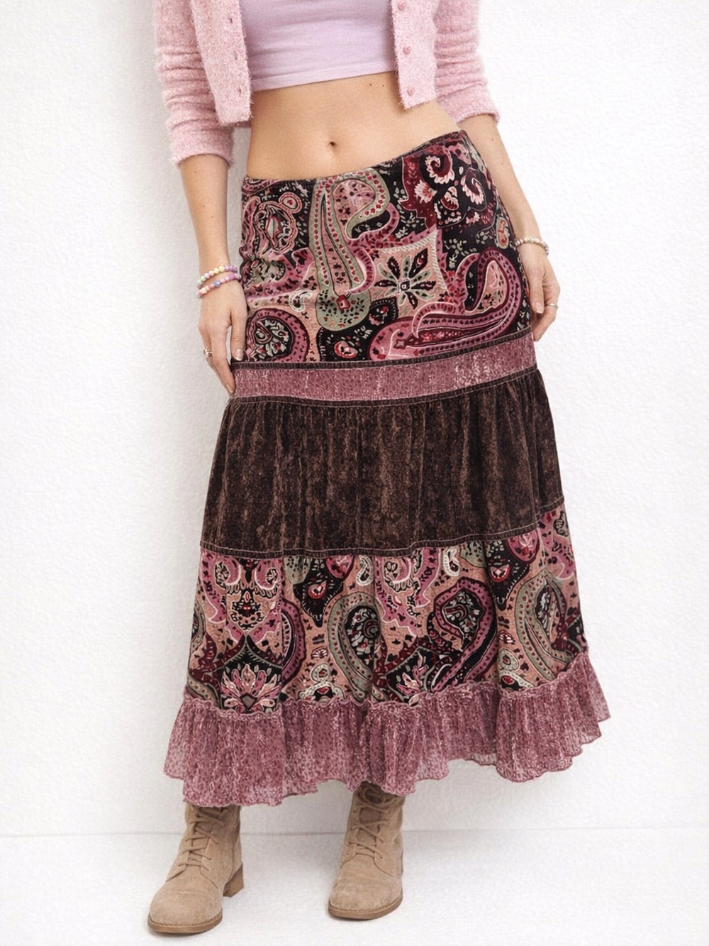 Vintage Y2K Velour Patchwork Tracy Evans Maxi Skirt